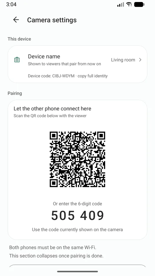 Pairing: scan the QR code or enter the six-digit code