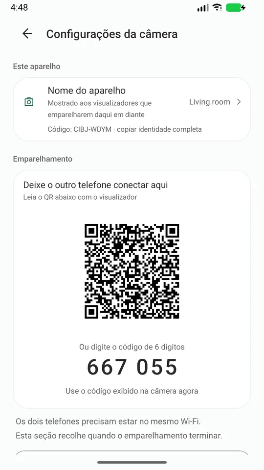 Pareamento: leia o QR code ou digite o código de 6 dígitos